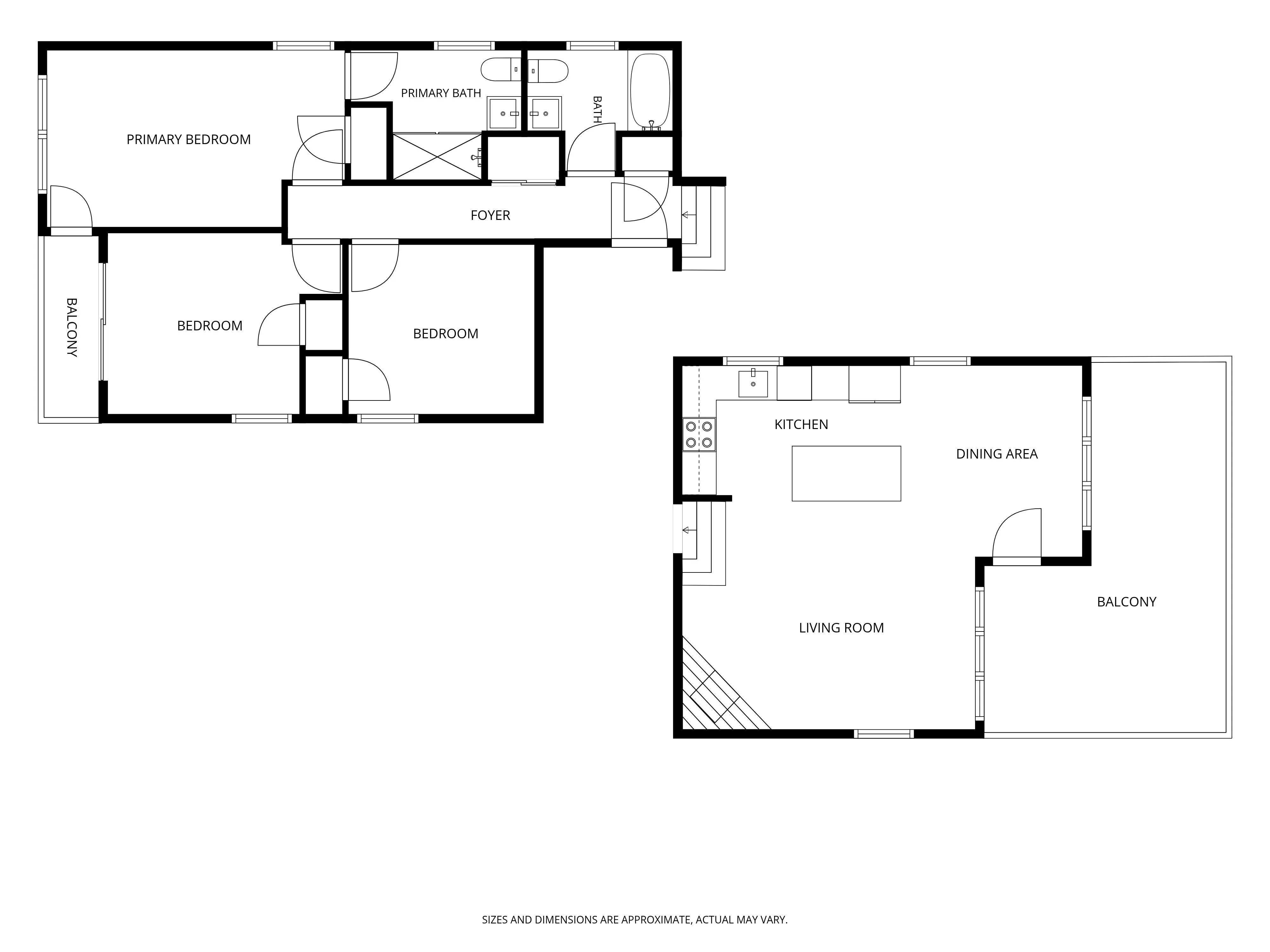 Floor plan of the top floor: open kitchen, dining and living room, three bedrooms, two baths, and the deck